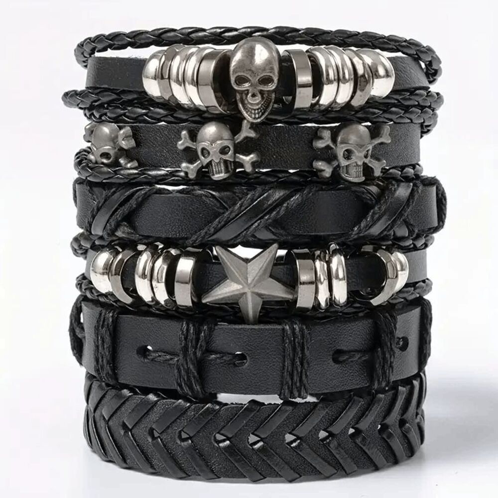 Punk Skull Star Leather Woven Bracelets - 6 Piece